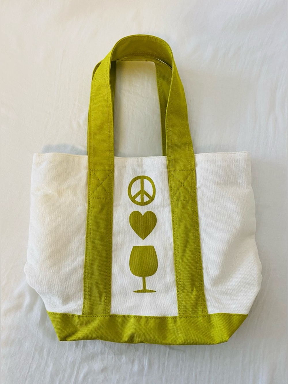 Fun Off-White and Lime Green Canvas Tote Bag with Peace, Heart, Wine Icons - Picture 2 of 8